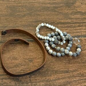 Brown Leather and Gray Beaded Bracelet Set